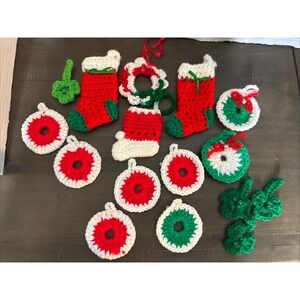Vintage Christmas Lot Of 16 Crocheted Ornaments Mini Stocking Holiday Handmade
